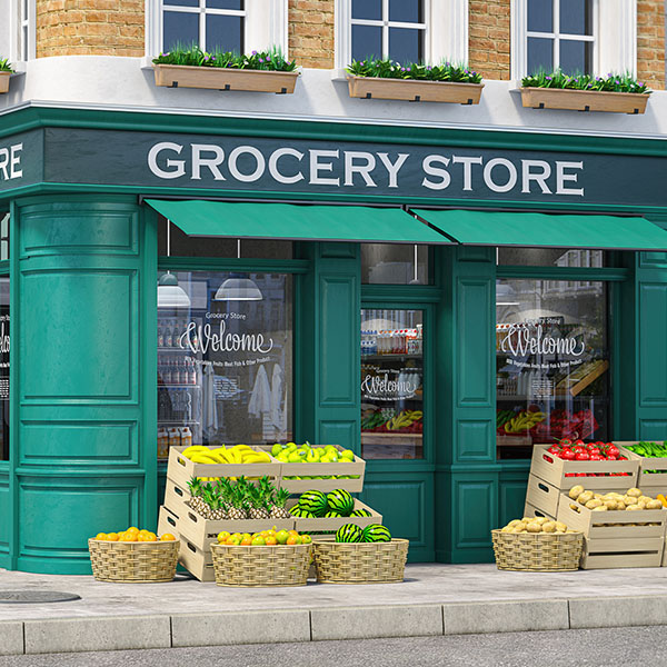 Grocery store shop in vintage style with fruit and vegetables crates on the street. 3d illustration